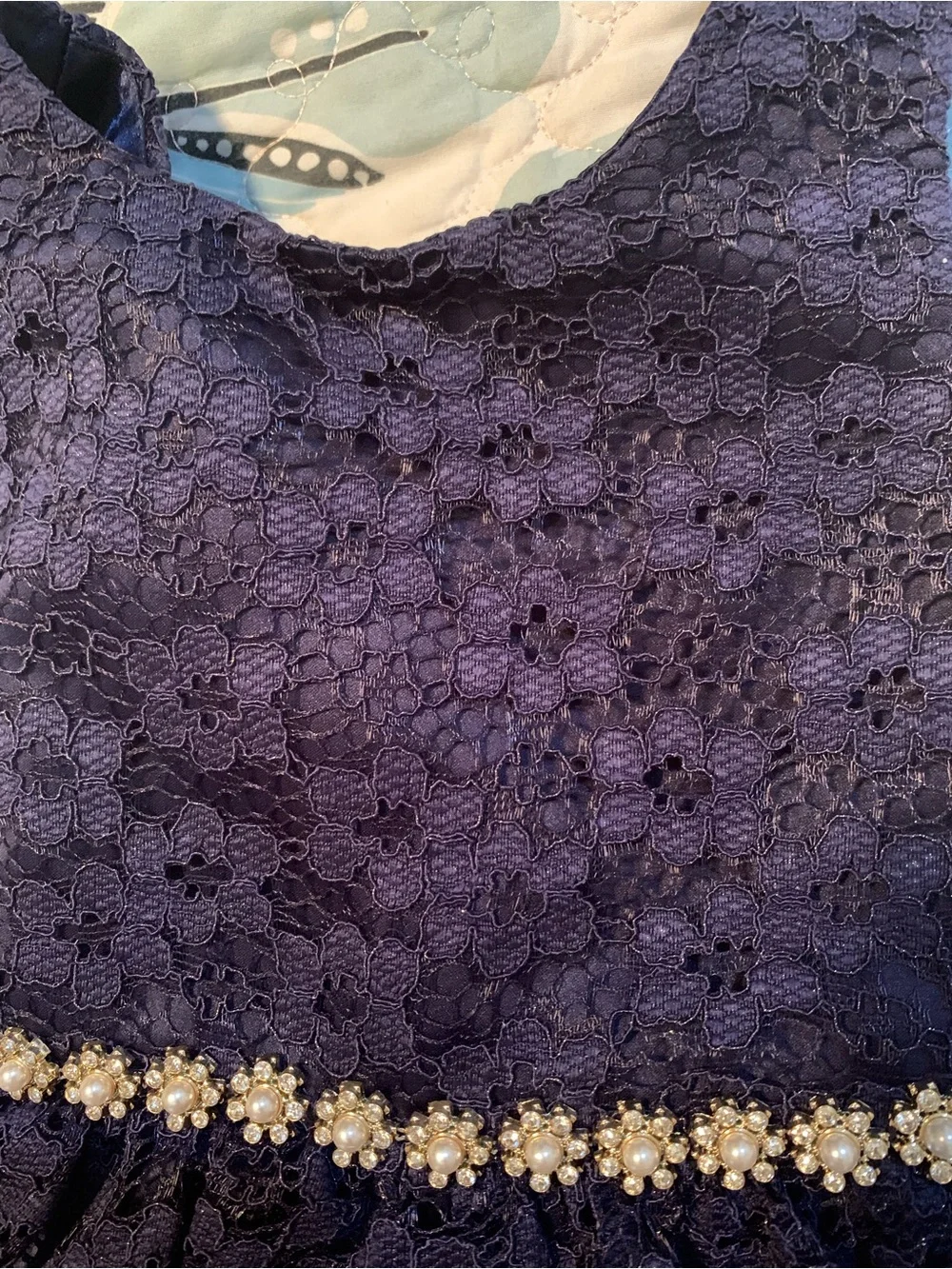 American Princess Navy Lace Dress with Pearl Floral Beading